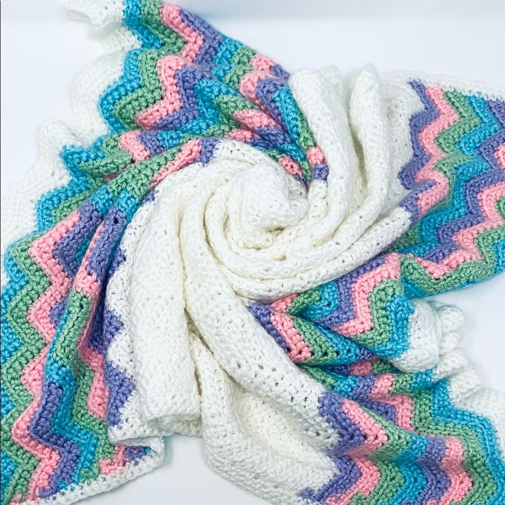 NEW Crochet Baby Blanket Afghan Throw White Purple Pink Blue Green Rainbow - Picture 1 of 10